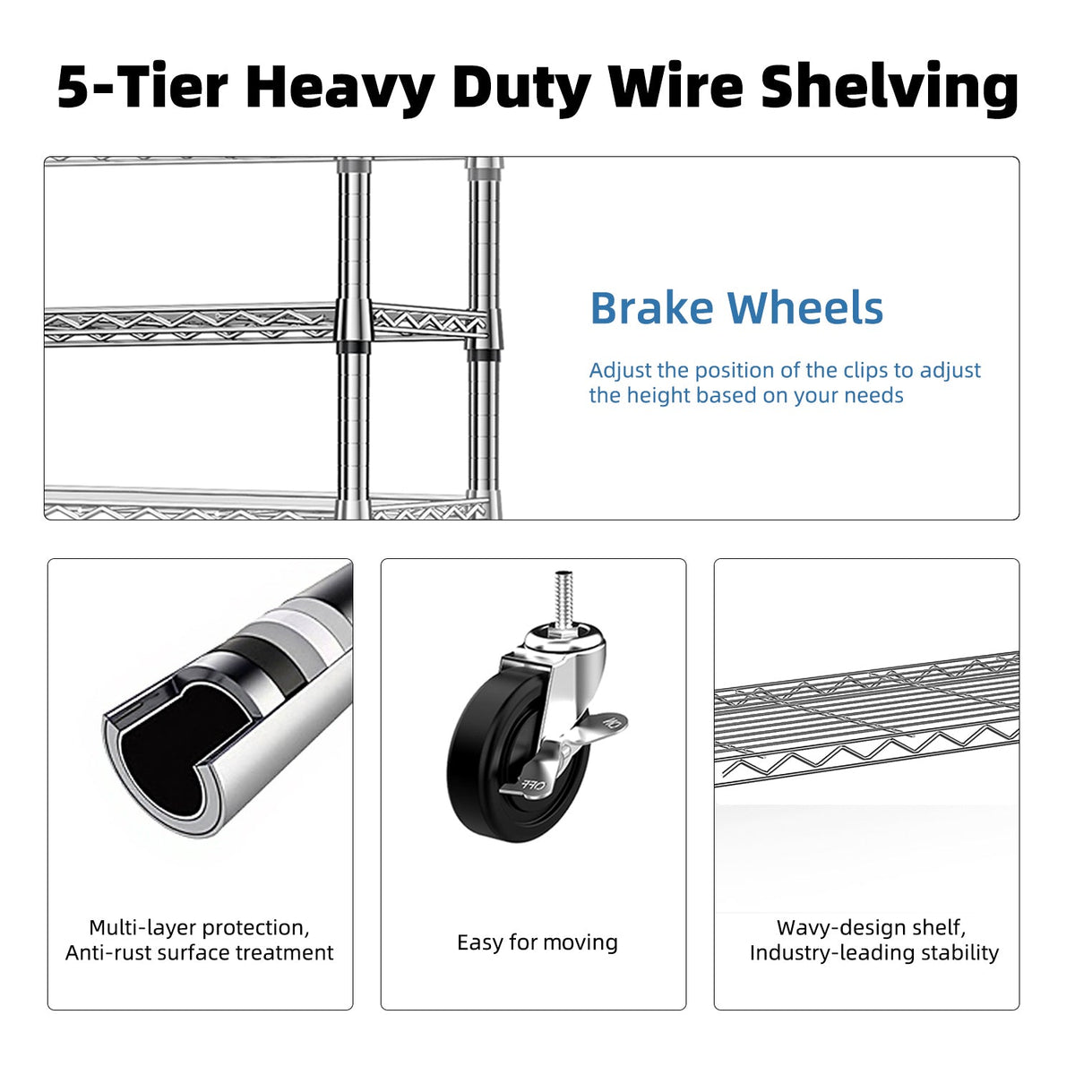 5-Shelf Wire Storage Shelving Unit with Heavy Duty Carbon Steel - Chrome