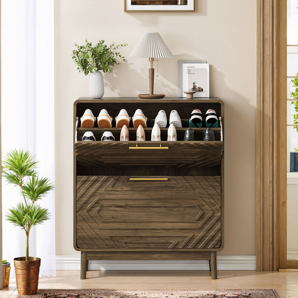 Freestanding Shoe Cabinet with Flip Top Drawers - Walnut