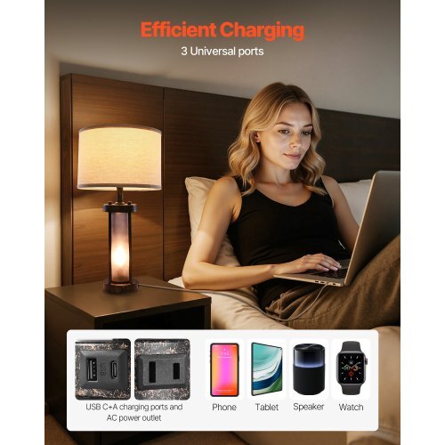 Table Lamps Set of 2, Dimmable Farmhouse Bedside Nightstand Lamps, Vintage Lamp with LED Bulb and Linen Shades, Bedside Lamp with USB C+A Ports & AC Outlet, for Living Room, Bedroom & Office