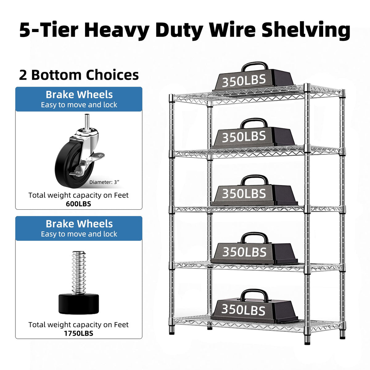5-Shelf Wire Storage Shelving Unit with Heavy Duty Carbon Steel - Chrome