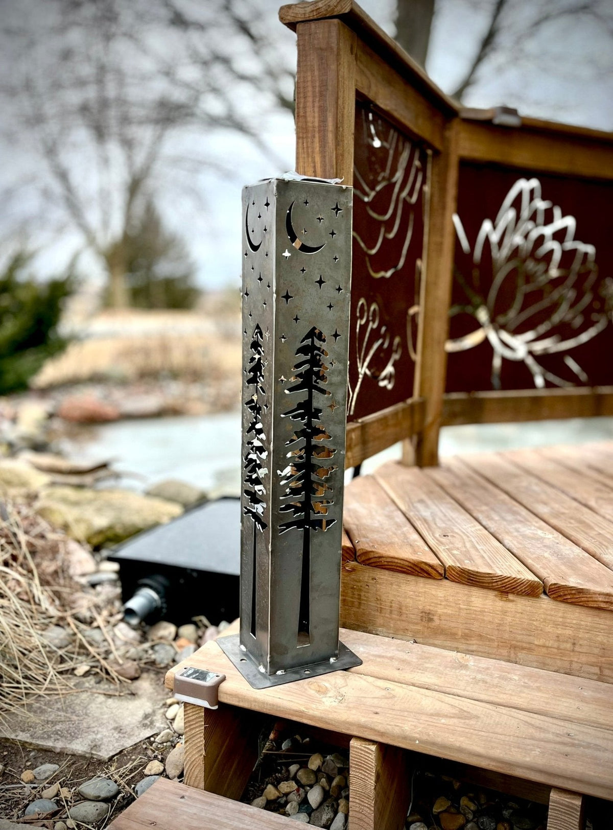 4-Sided Night Sky Pine Tree Solar Pillar - Steel