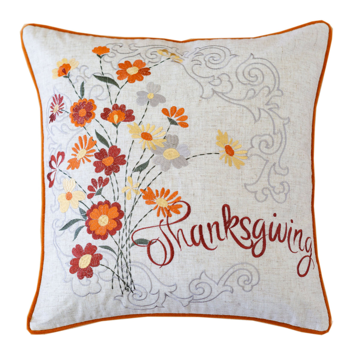 Thanksgiving Embroidered Floral Throw Pillow Set of 2 with Embroidered Floral Design - Autumn Harvest