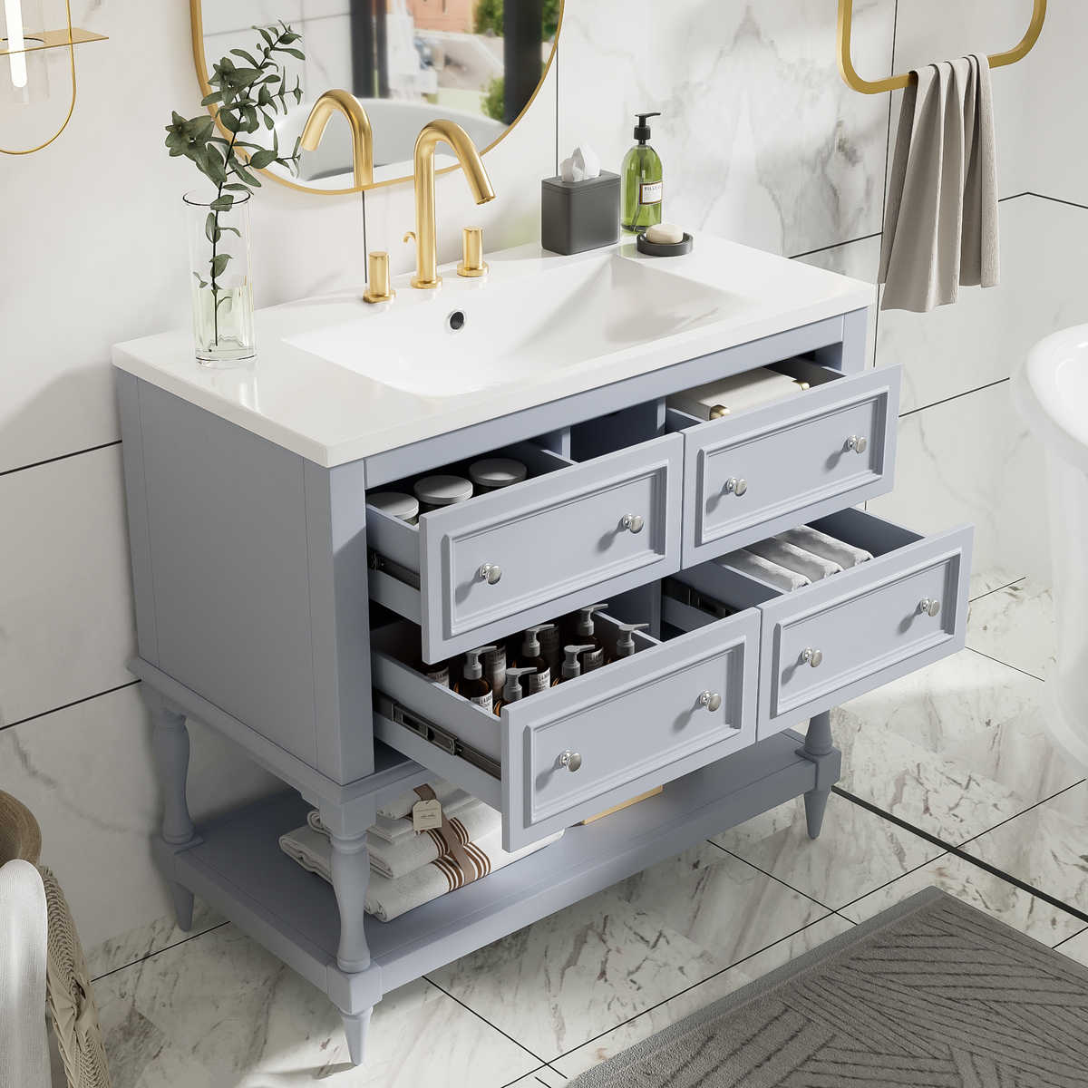 36" Bathroom Vanity Cabinet with Sink Combo Set, Undermount Resin Sink, Free Standing Vanity Set with 4 Drawers Blue