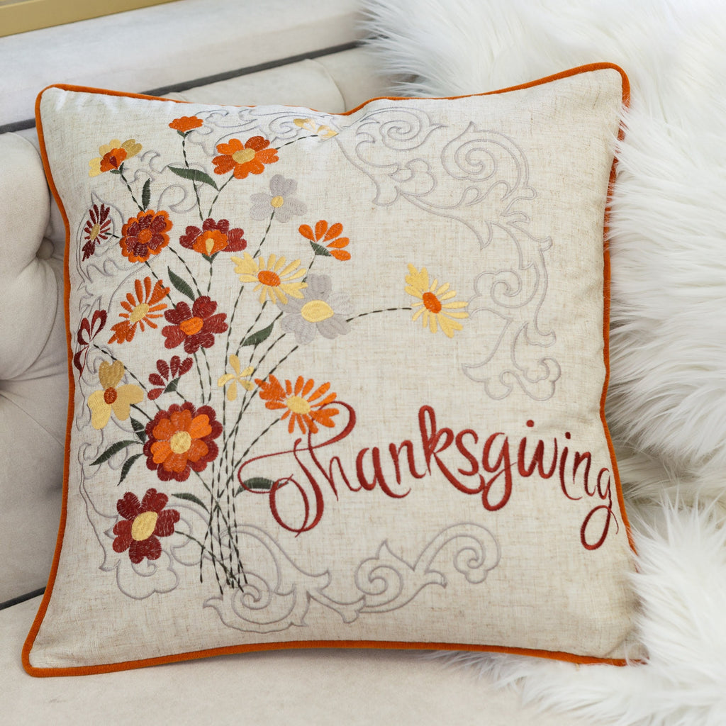 Thanksgiving Embroidered Floral Throw Pillow Set of 2 with Embroidered Floral Design - Autumn Harvest