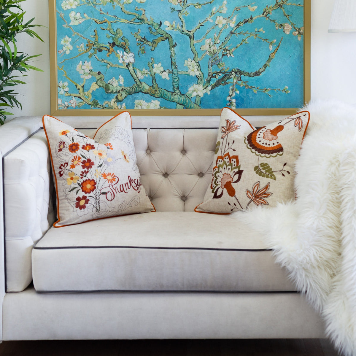 Thanksgiving Embroidered Floral Throw Pillow Set of 2 with Embroidered Floral Design - Autumn Harvest