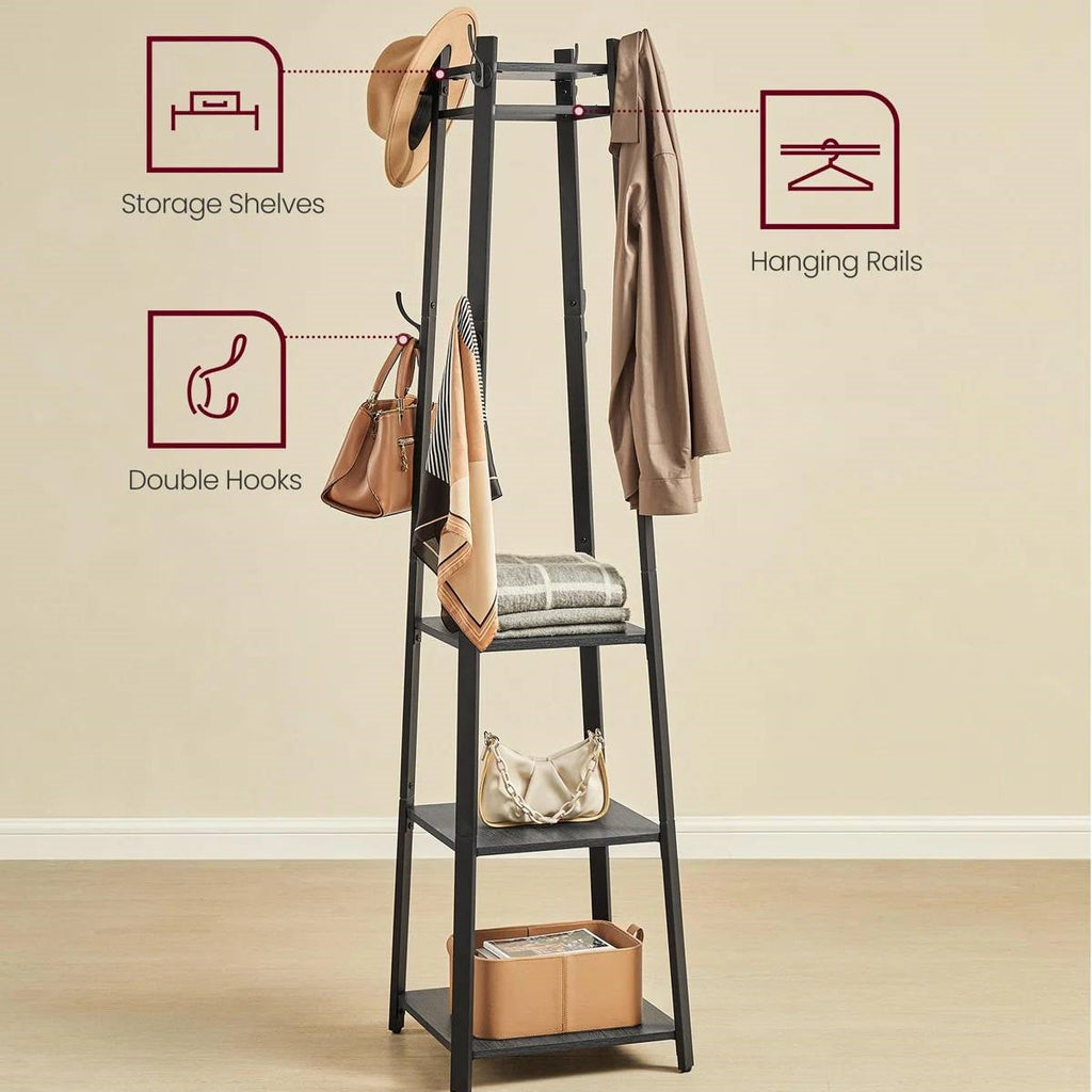 Modern Farmhouse Black Metal Coat Rack Entryway Hall Tree with Grey Wood Shelves