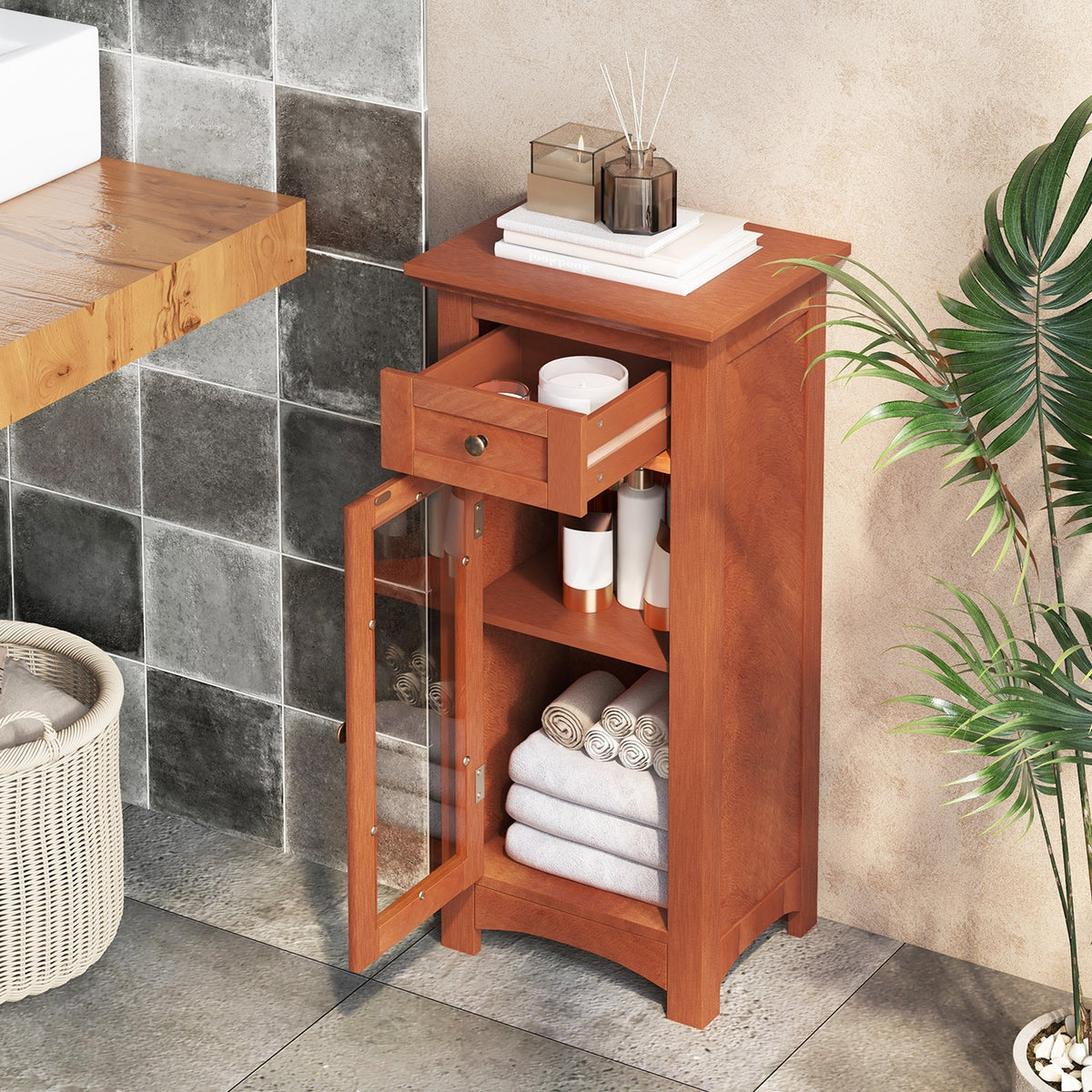 Bathroom Freestanding Storage Cabinet with Single Glass Door