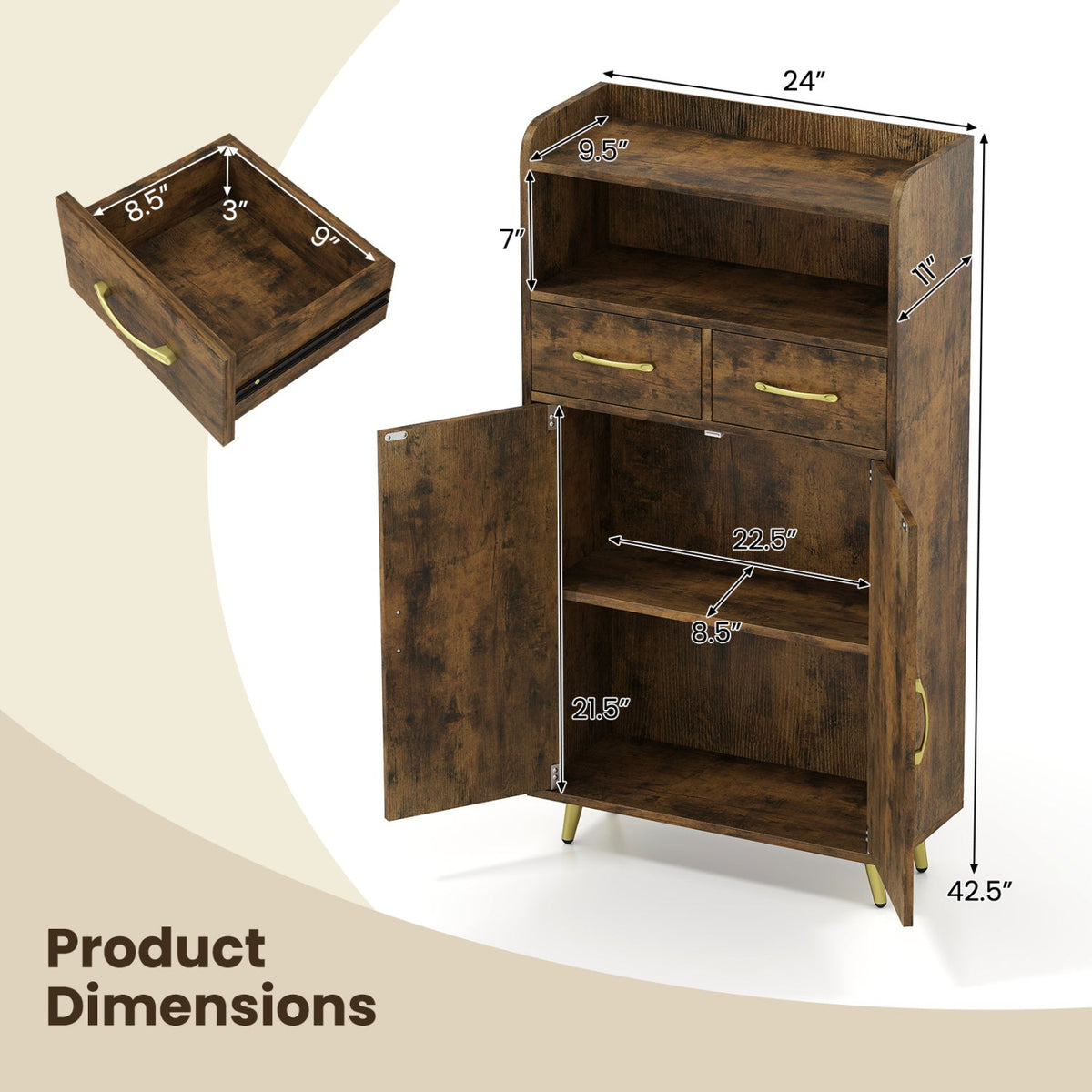 Freestanding Bathroom Storage Cabinet with 2 Drawers & Doors