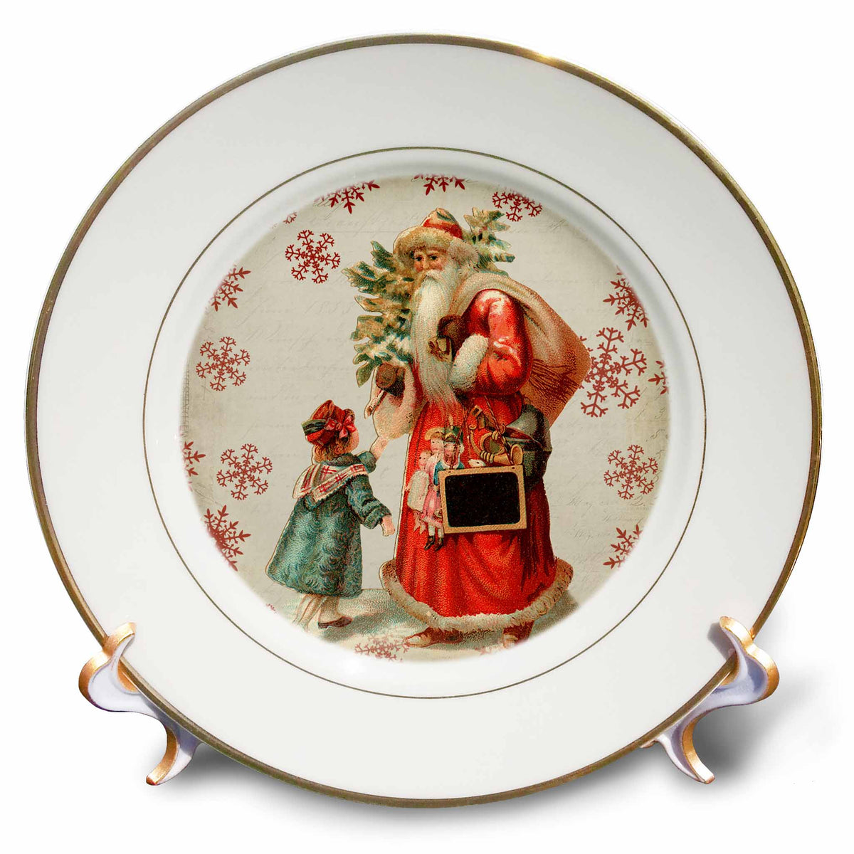 3dRose Andrea Haase Holiday Illustration - Traditional Santa with Toys and Little Girl Vintage Christmas Design - Plates