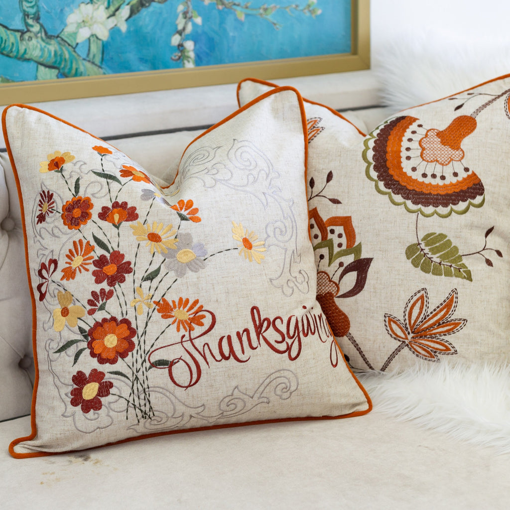 Thanksgiving Embroidered Floral Throw Pillow Set of 2 with Embroidered Floral Design - Autumn Harvest