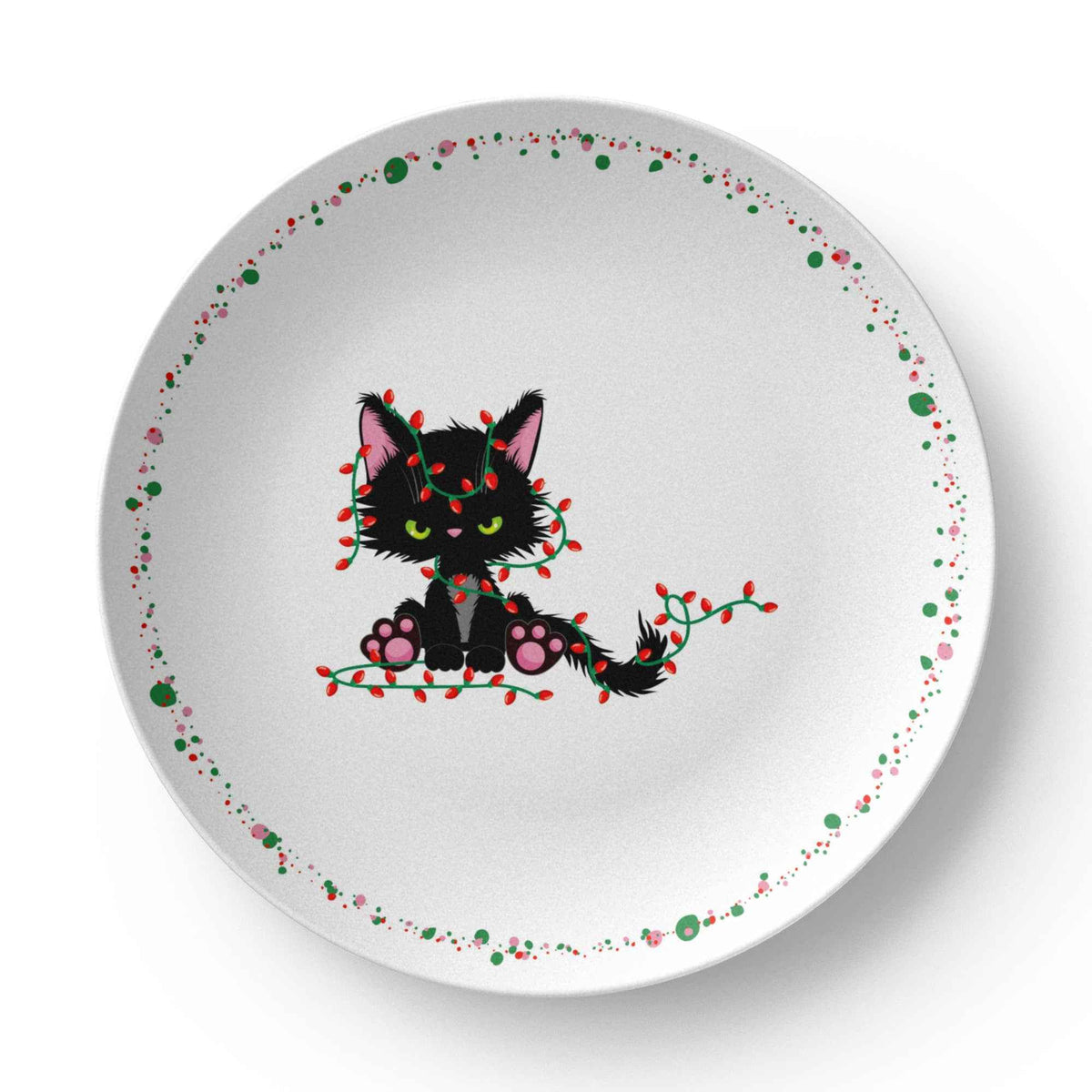 Christmas Cat Tangled in Lights Plate – 10" USA-Made Holiday Dinnerware