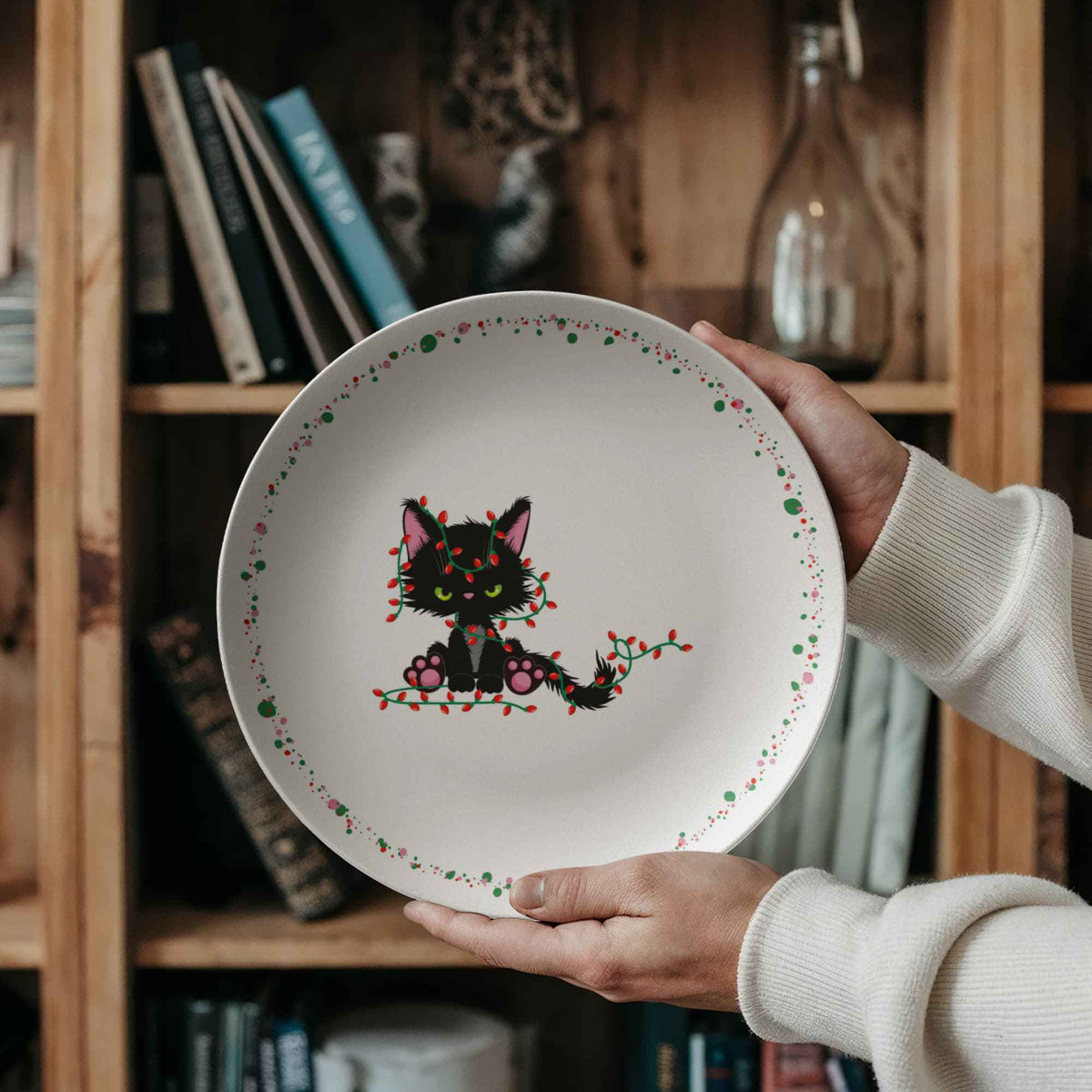Christmas Cat Tangled in Lights Plate – 10" USA-Made Holiday Dinnerware