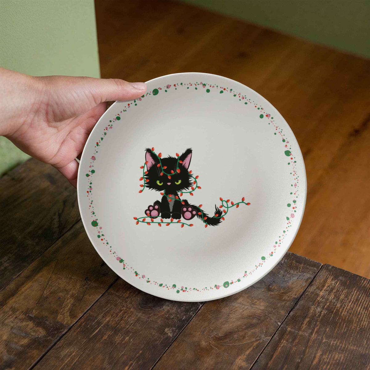 Christmas Cat Tangled in Lights Plate – 10" USA-Made Holiday Dinnerware