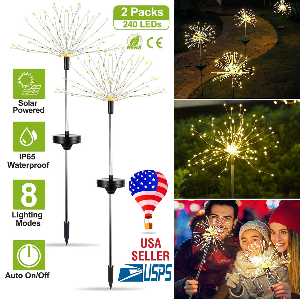 2Pcs Solar Powered Starburst Lights 240 LEDs Firework Lamp Garden Path Decor Lights