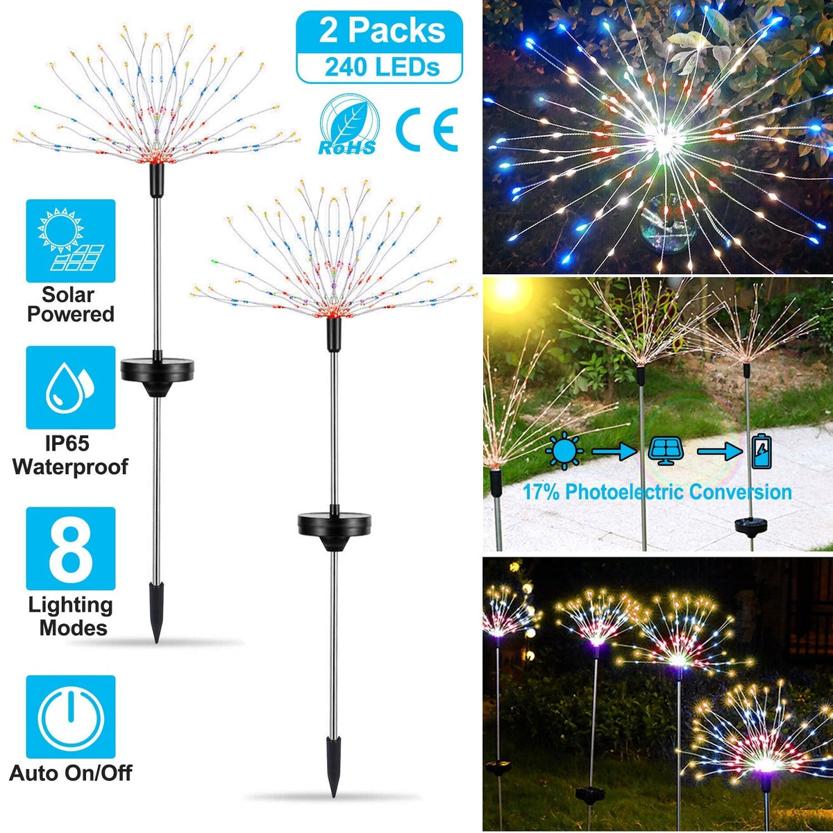 2Pcs Solar Powered Starburst Lights 240 LEDs Firework Lamp Garden Path Decor Lights