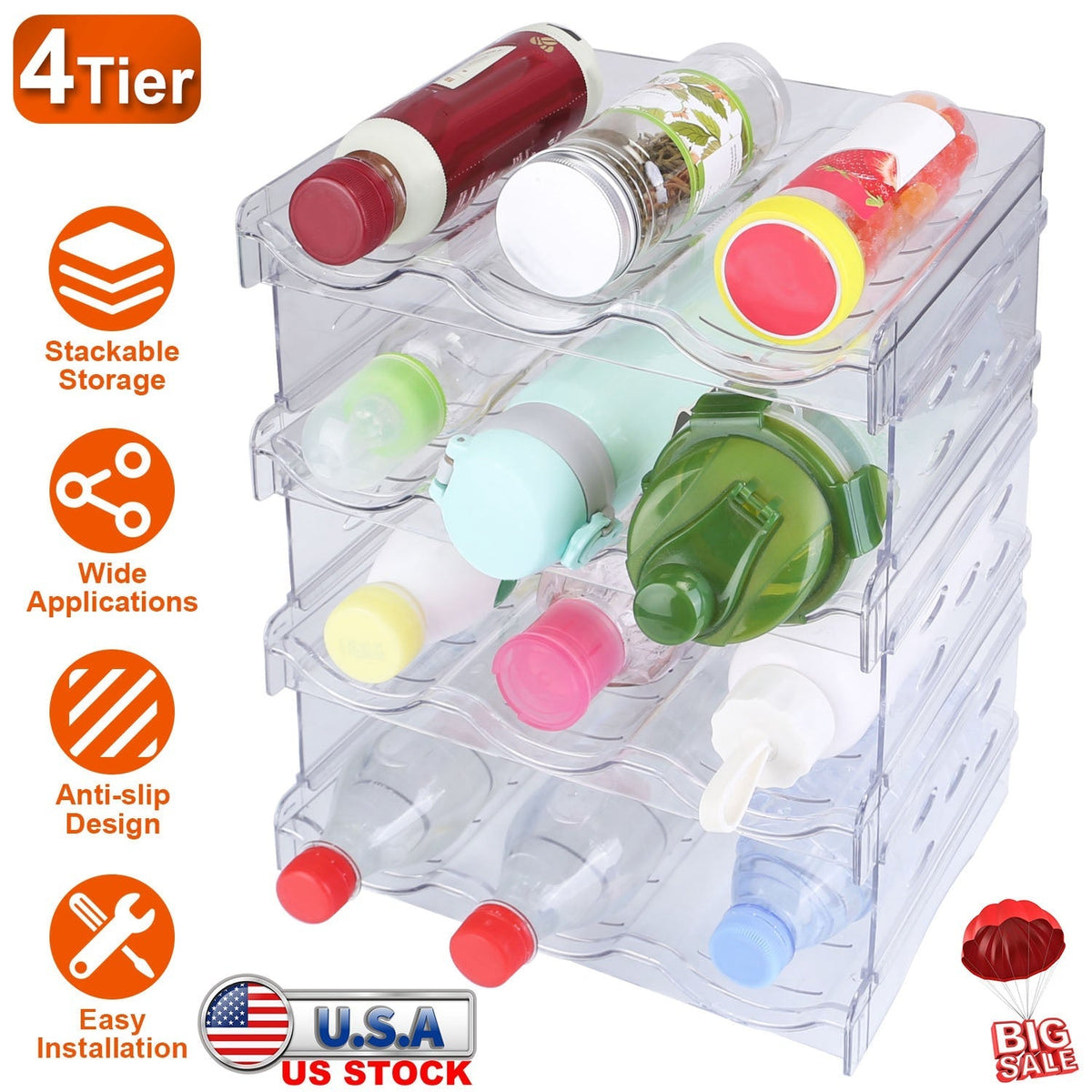 4 Tier Bottle Storage Holder 12 Bottles Transparent Stackable Bottle Organizer Standing Drink Holder Shelf for Kitchen Fridge Cabinet Pantry