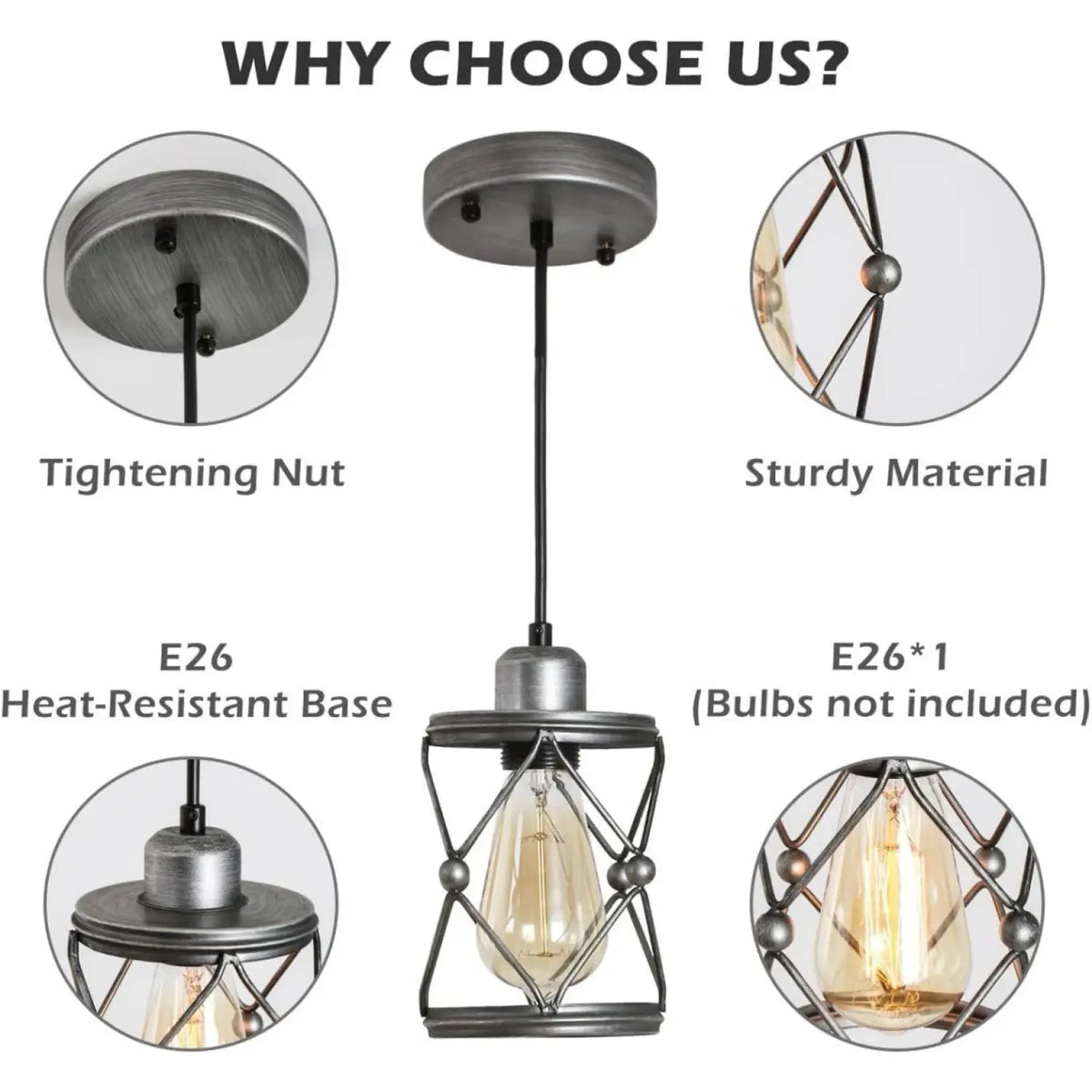 Rustic Silver Metal Pendant Hanging Lights Kitchen with Adjustable LED Lamp